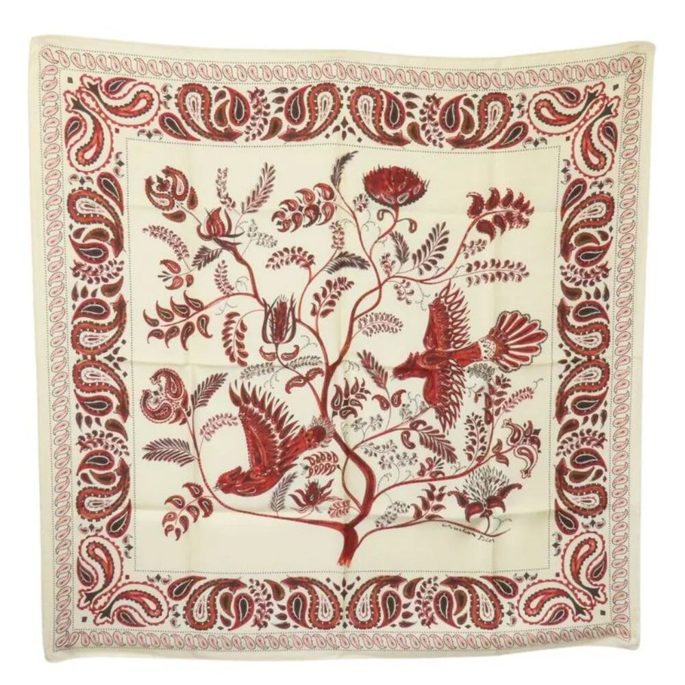 Christian Dior Scarf Silk White Red Paisley Bird Large Size